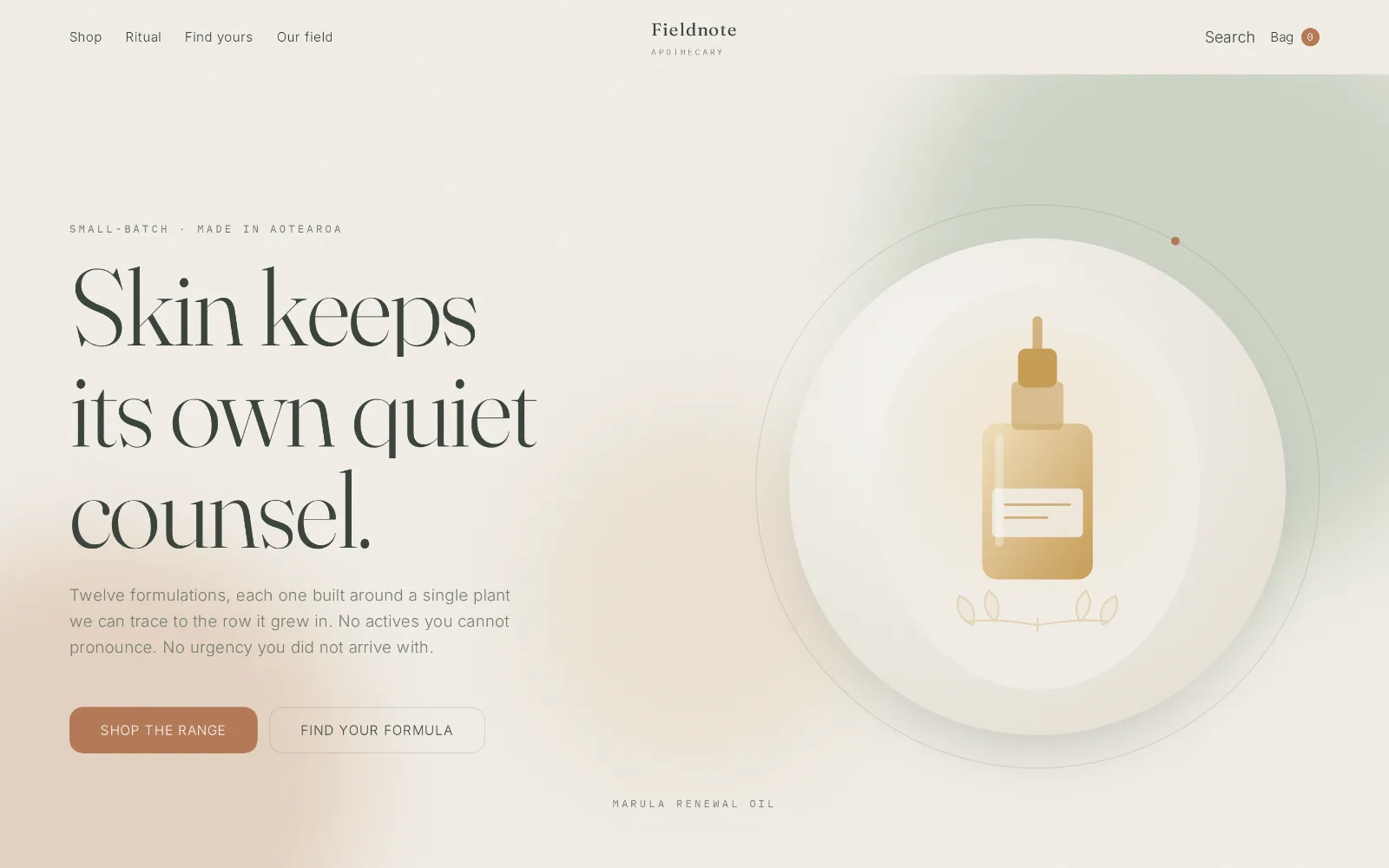 Desktop storefront design for Fieldnote Apothecary: a pale bone page with wide margins, soft green accents and a quiet serif headline.