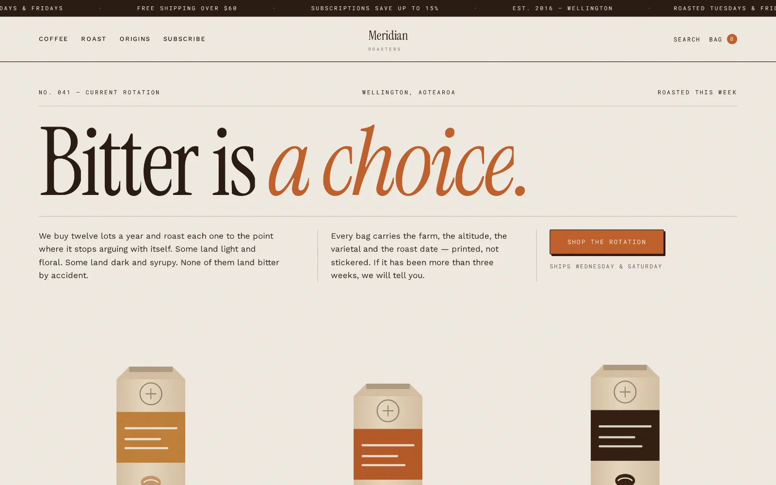 Desktop storefront design for Meridian Roasters: warm paper-toned layout with editorial type, a burnt-orange accent.