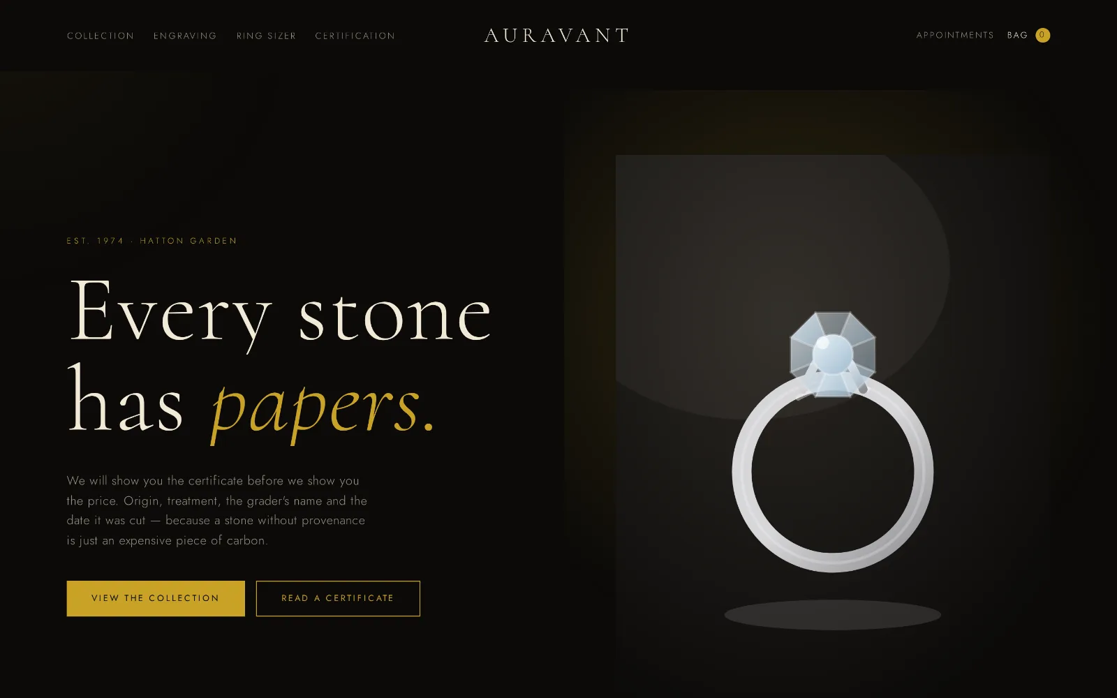 Desktop storefront design for Auravant Fine Jewellery: a near-black page with a lit solitaire ring on the right, cream serif headline reading “Every stone has papers”, and gold buttons.