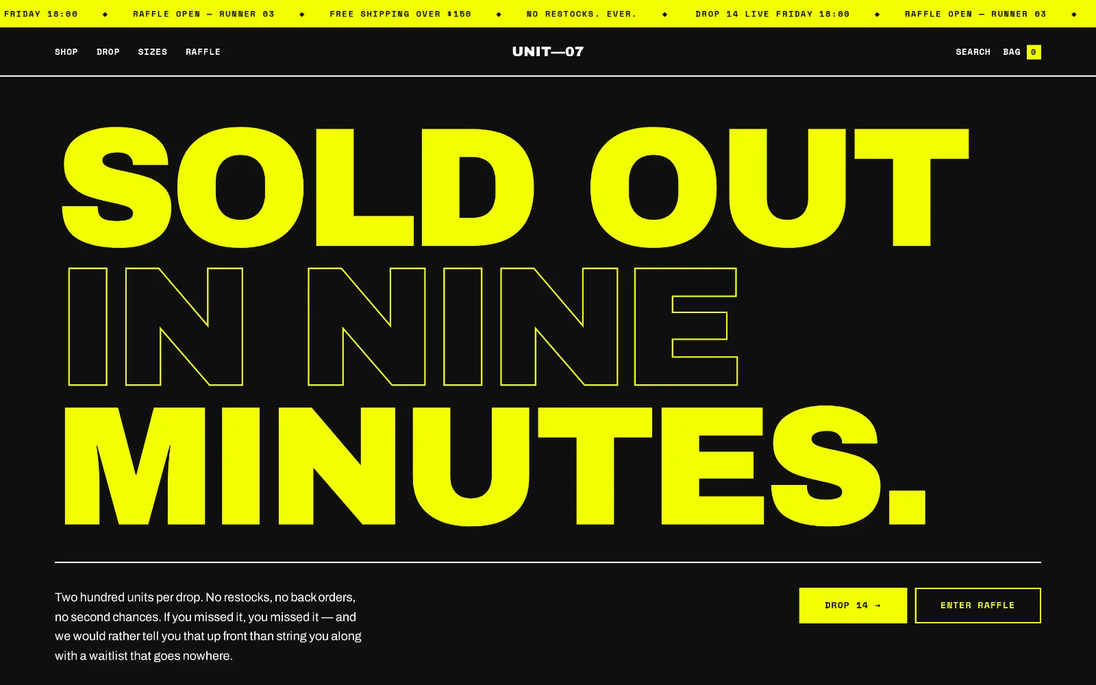Desktop storefront design for UNIT—07 Supply: a black page with a yellow ticker bar and an enormous headline in solid and outlined yellow type filling the screen.