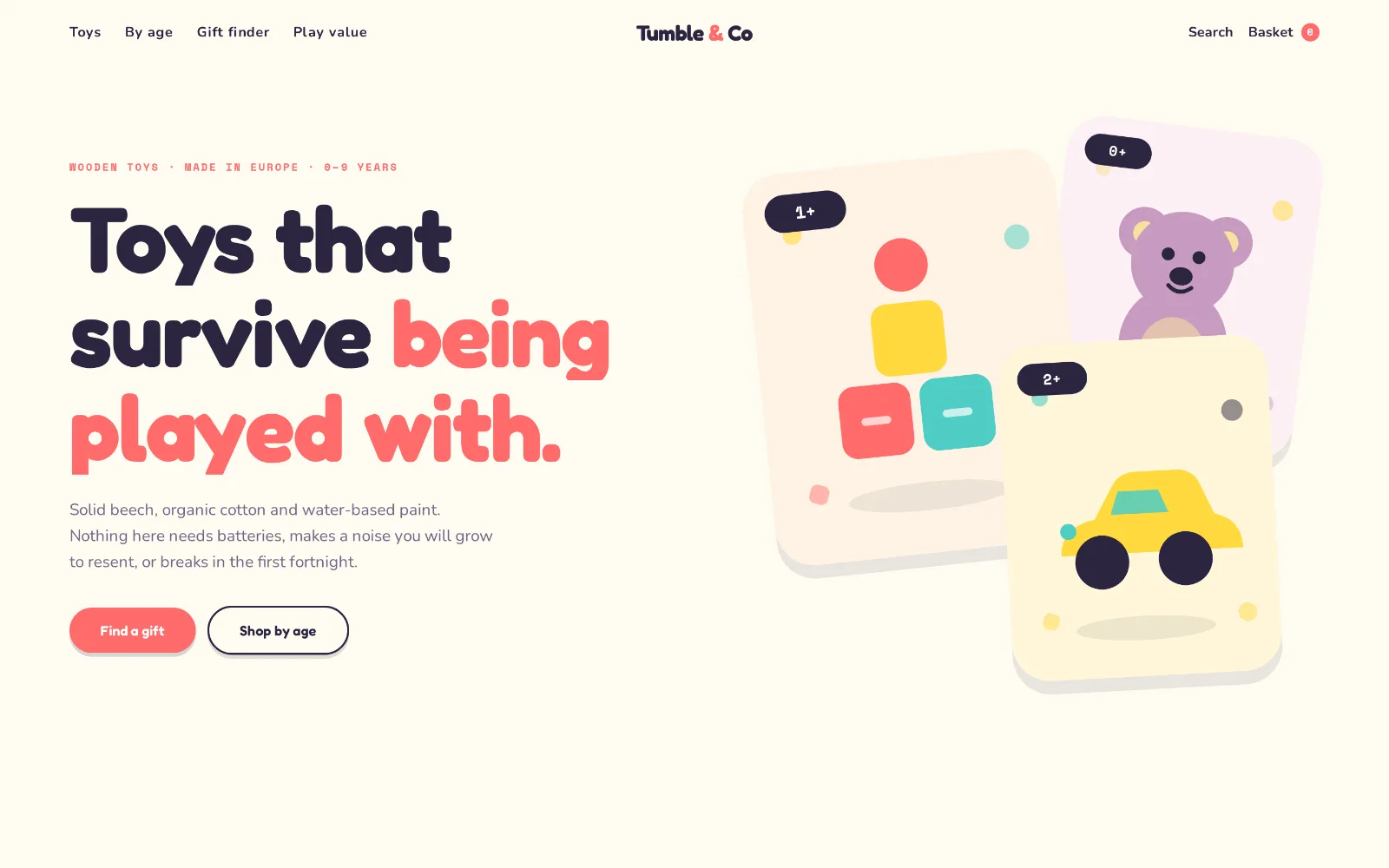 Desktop storefront design for Tumble & Co Playhouse: a cream page with a large rounded headline in ink and coral, and three tilted pastel product cards carrying age chips.