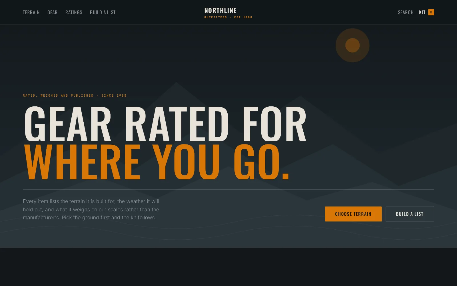 Desktop storefront design for Northline Outfitters: a dark slate page with layered ridgeline shapes, condensed bone and burnt-orange caps reading “Gear rated for where you go”, and an orange primary button.